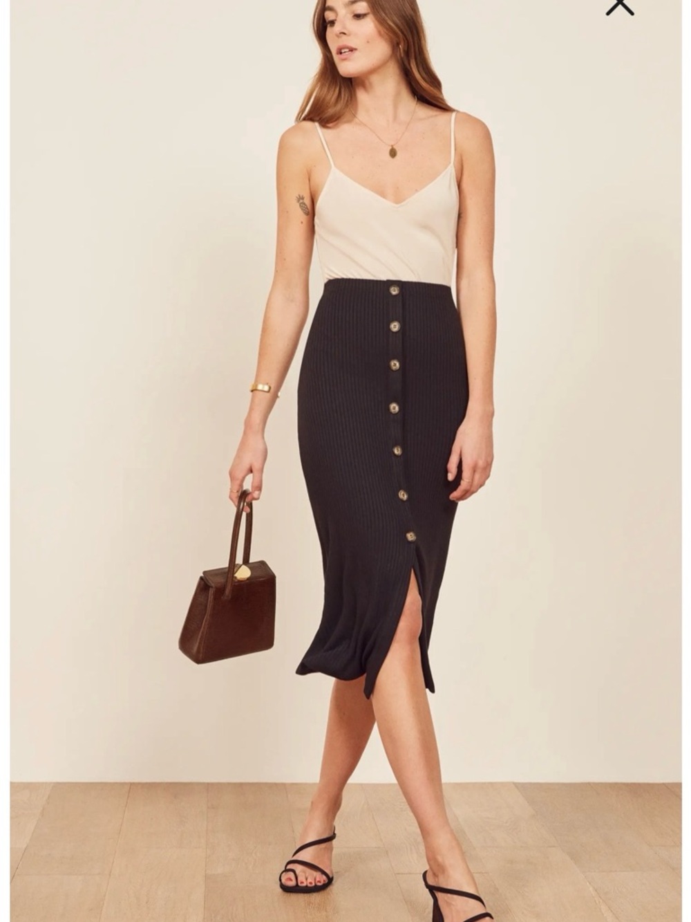 Reformation Rosie Ribbed Midi Skirt in Black